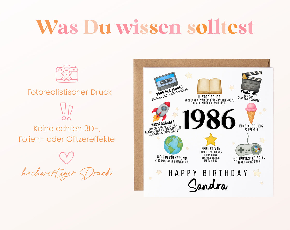 Personalisierte Geburtstagskarte Jahrgang 1986 – Zeitreise mit Musik und Film – Informationen zur Karte