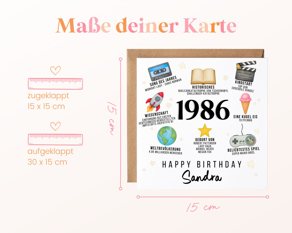 Personalisierte Geburtstagskarte Jahrgang 1986 – Zeitreise mit Musik und Film – Maße der Klappkarte