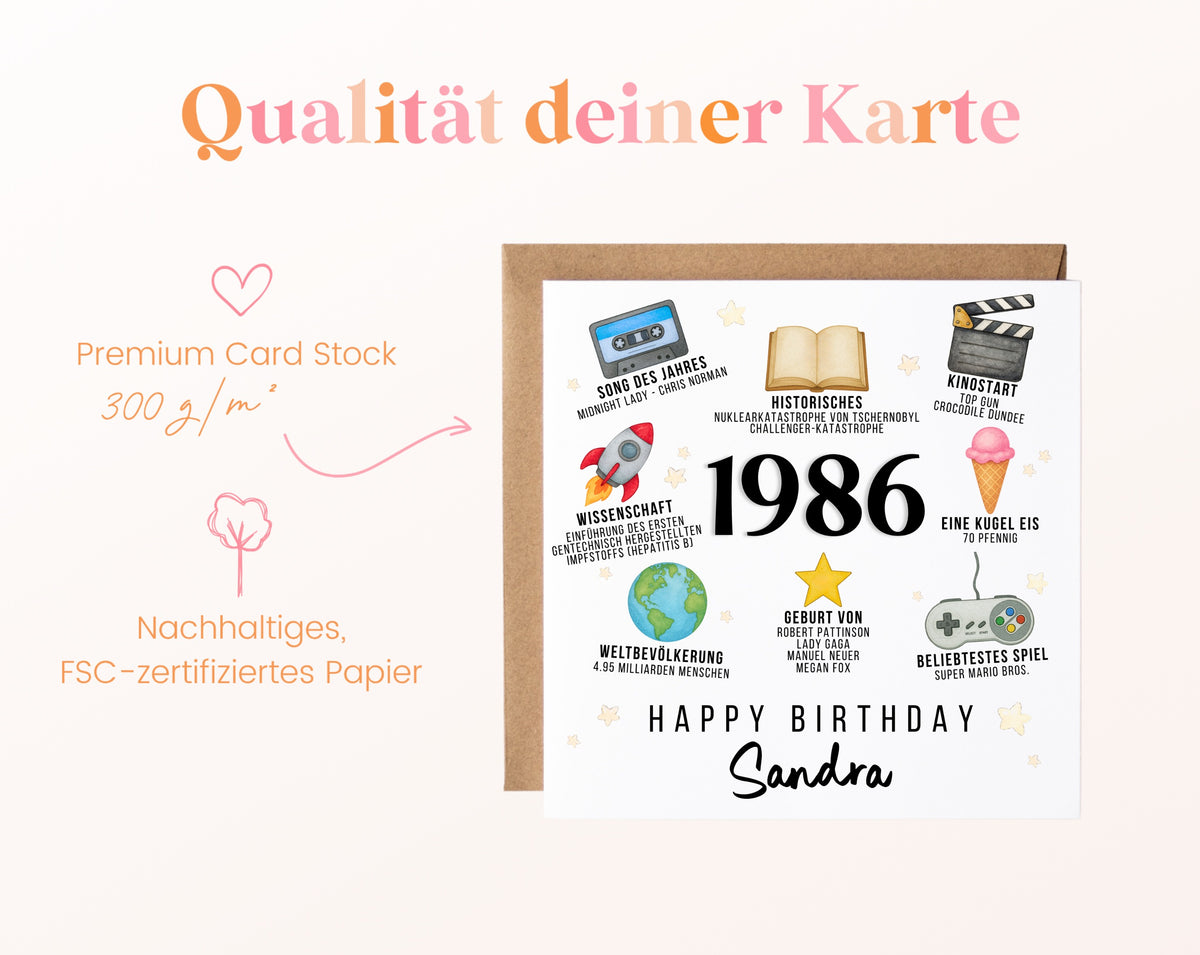 Personalisierte Geburtstagskarte Jahrgang 1986 – Zeitreise mit Musik und Film – Kartenpapier 300 g/m²