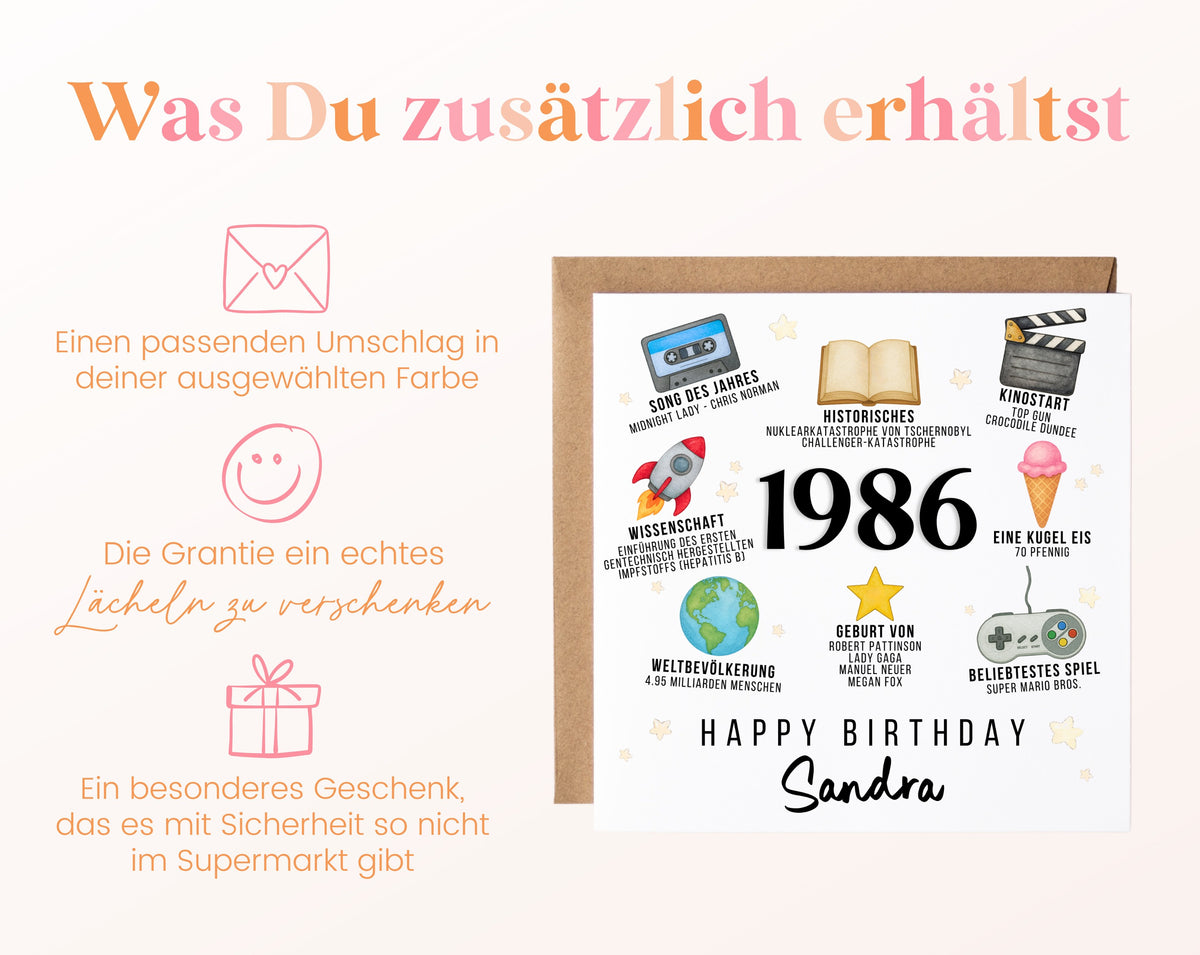 Personalisierte Geburtstagskarte Jahrgang 1986 – Zeitreise mit Musik und Film – Umschlag zur Karte