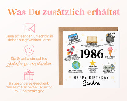 Personalisierte Geburtstagskarte Jahrgang 1986 – Zeitreise mit Musik und Film – Umschlag zur Karte