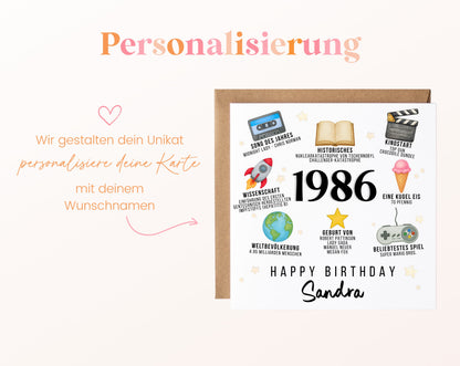 Personalisierte Geburtstagskarte Jahrgang 1986 – Zeitreise mit Musik und Film – Personalisierung mit Wunschname