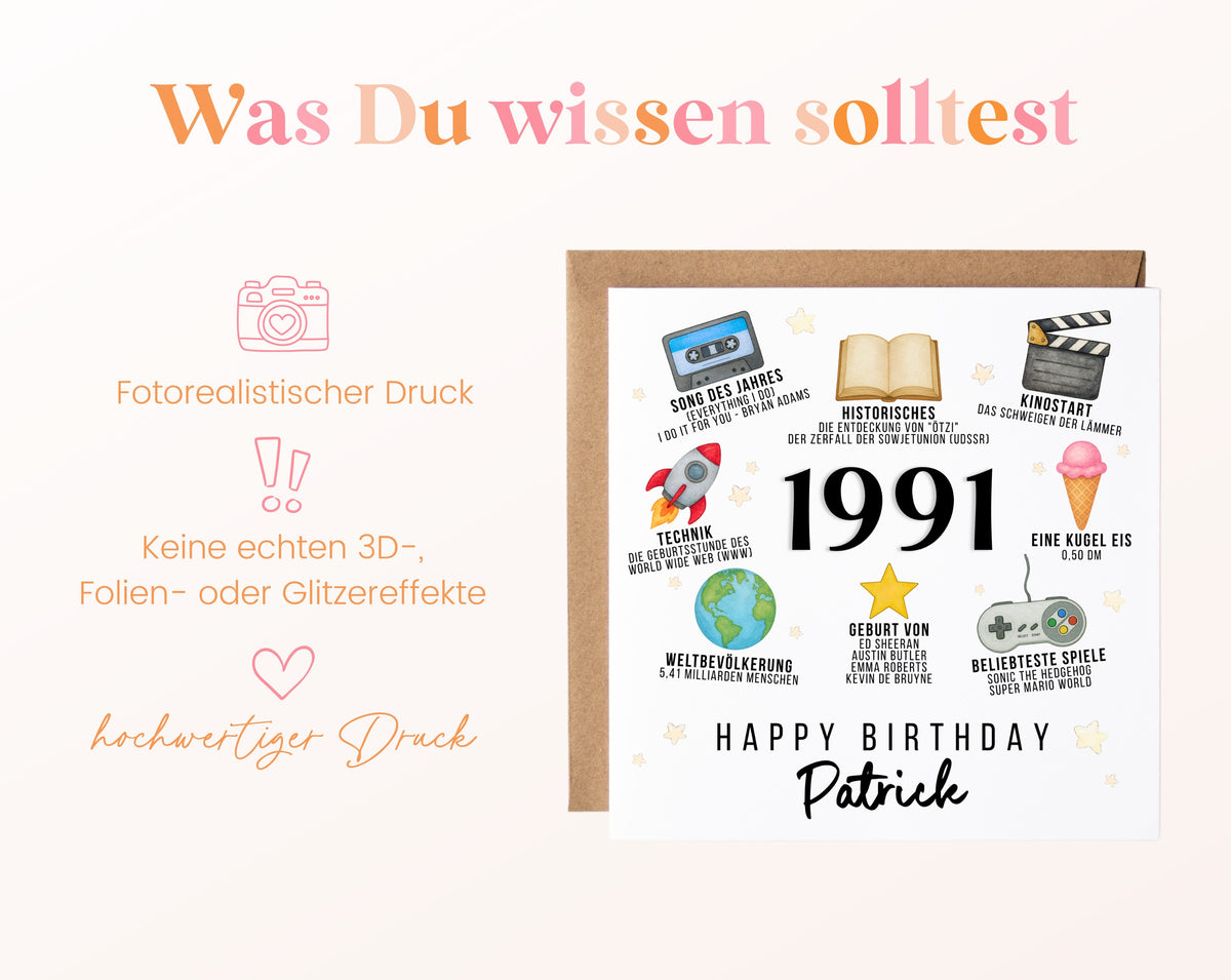 Personalisierte Geburtstagskarte Jahrgang 1991 – Zeitreise mit Musik und Film – Informationen zur Karte