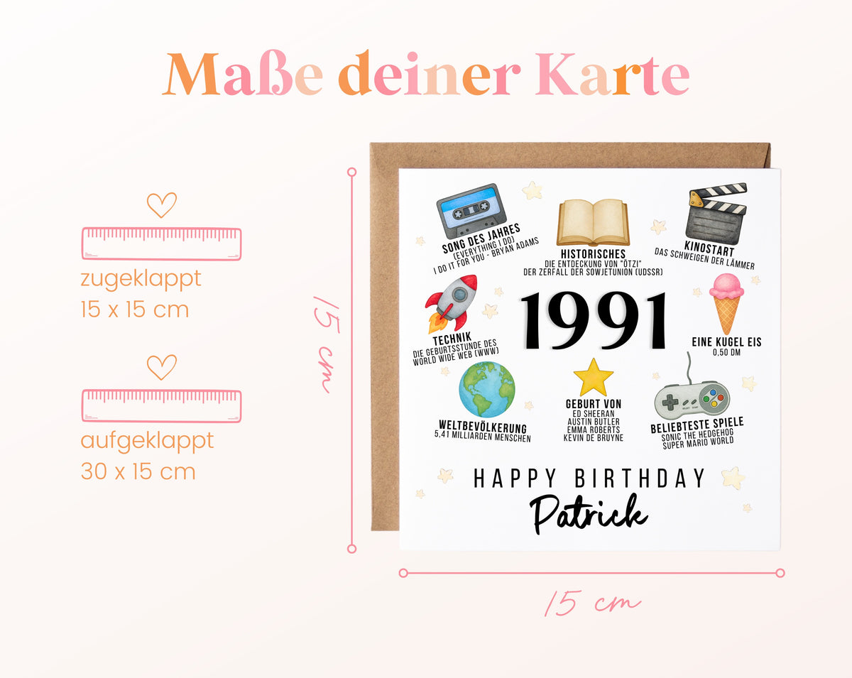 Personalisierte Geburtstagskarte Jahrgang 1991 – Zeitreise mit Musik und Film – Maße der Klappkarte