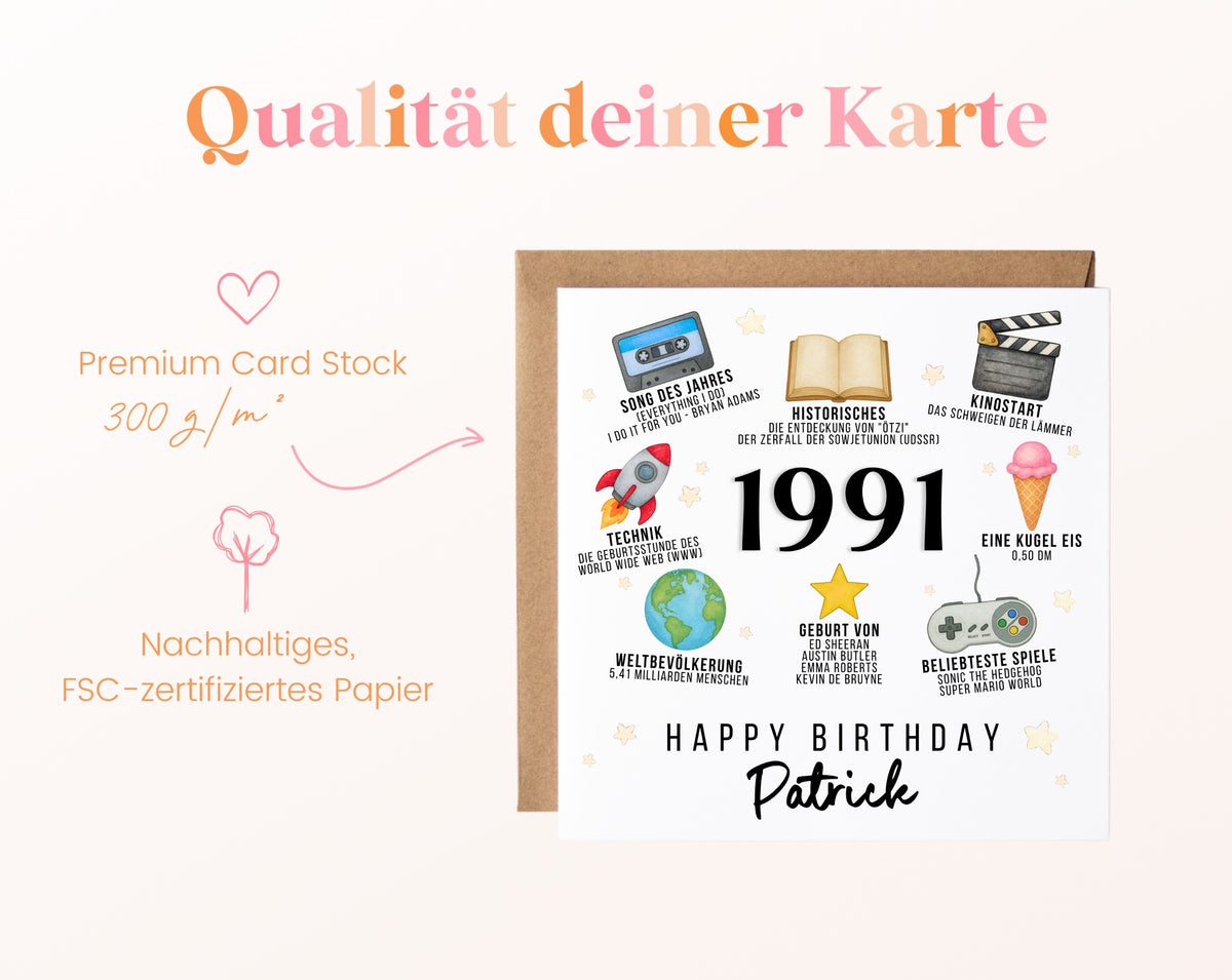 Personalisierte Geburtstagskarte Jahrgang 1991 – Zeitreise mit Musik und Film – Kartenpapier 300 g/m²