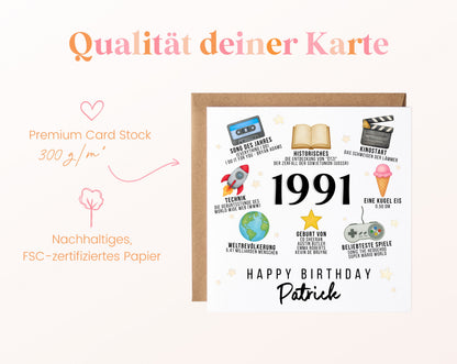 Personalisierte Geburtstagskarte Jahrgang 1991 – Zeitreise mit Musik und Film – Kartenpapier 300 g/m²