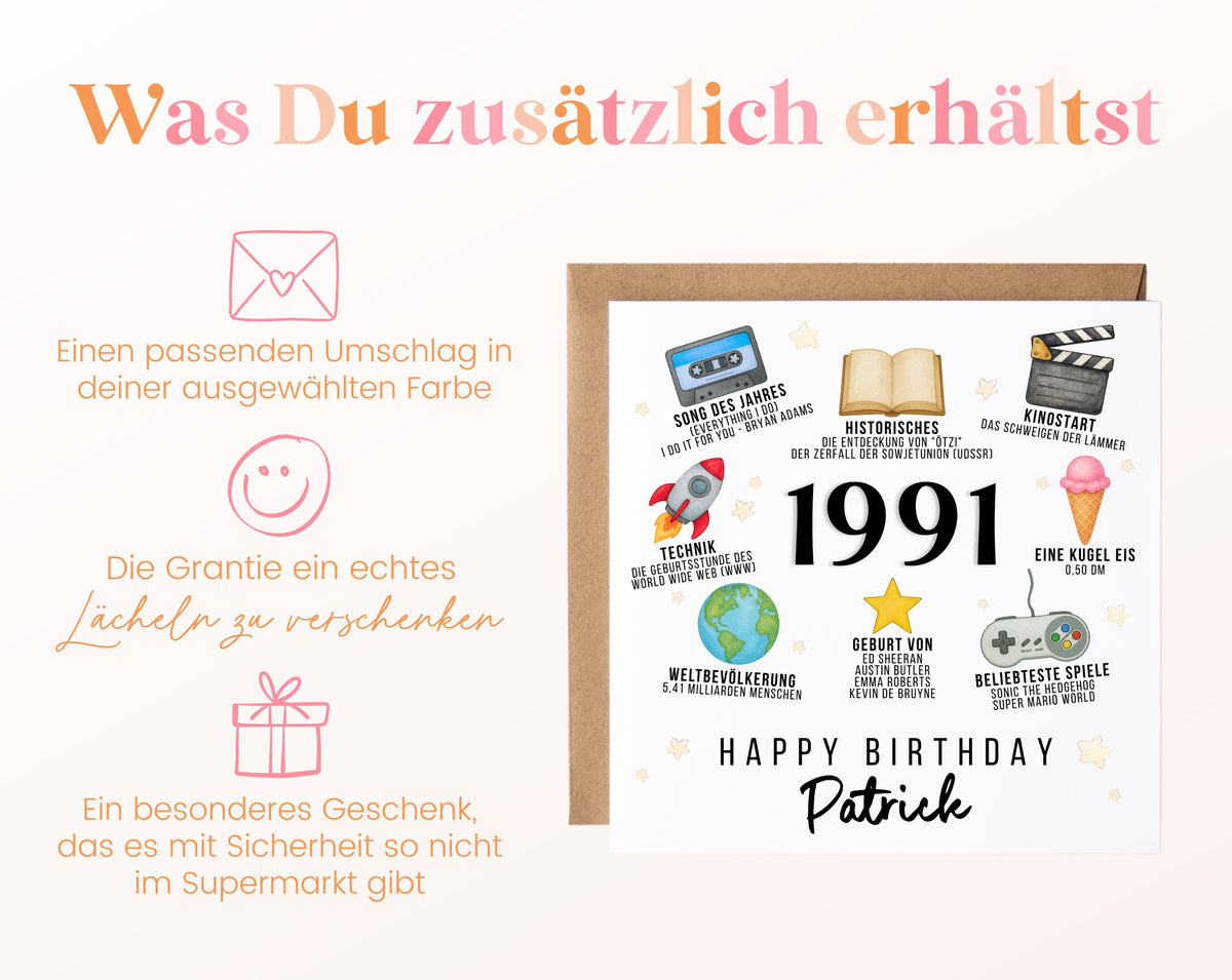 Personalisierte Geburtstagskarte Jahrgang 1991 – Zeitreise mit Musik und Film – Umschlag zur Karte
