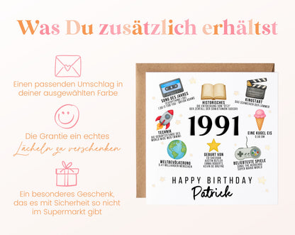 Personalisierte Geburtstagskarte Jahrgang 1991 – Zeitreise mit Musik und Film – Umschlag zur Karte