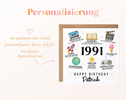 Personalisierte Geburtstagskarte Jahrgang 1991 – Zeitreise mit Musik und Film – Personalisierung mit Wunschname