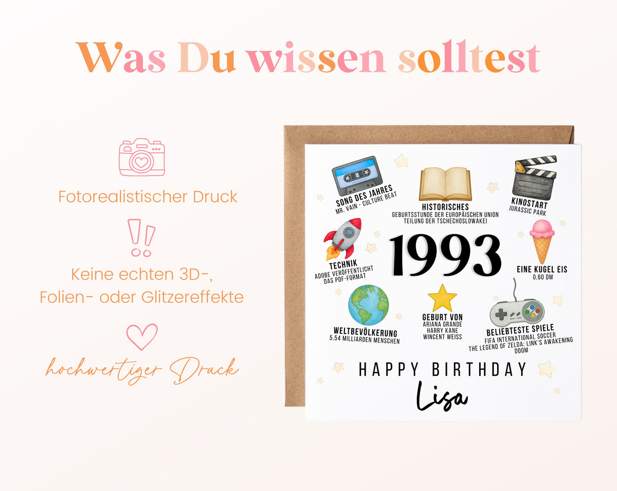 Personalisierte Geburtstagskarte Jahrgang 1993 – Zeitreise mit Musik und Film – Informationen zur Karte