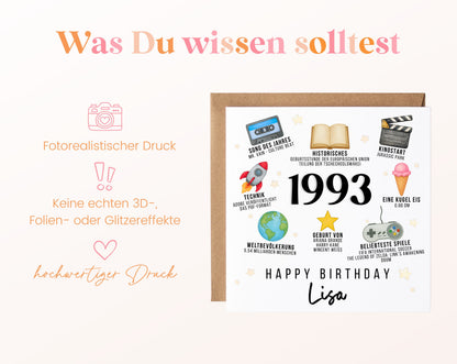 Personalisierte Geburtstagskarte Jahrgang 1993 – Zeitreise mit Musik und Film – Informationen zur Karte