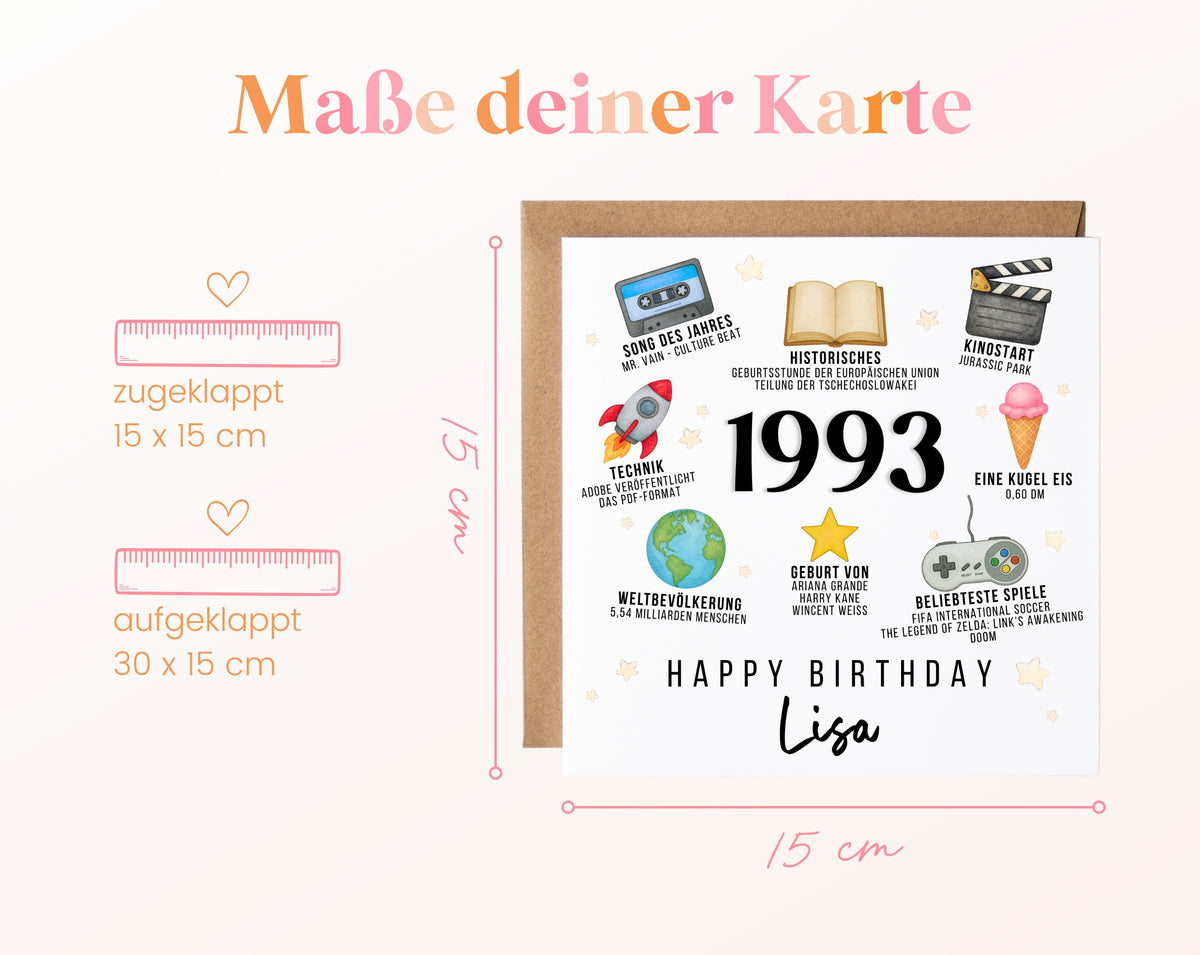 Personalisierte Geburtstagskarte Jahrgang 1993 – Zeitreise mit Musik und Film – Maße der Klappkarte
