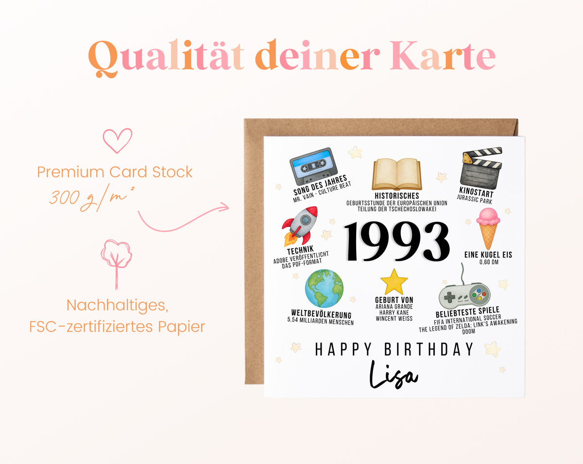 Personalisierte Geburtstagskarte Jahrgang 1993 – Zeitreise mit Musik und Film – Kartenpapier 300 g/m²