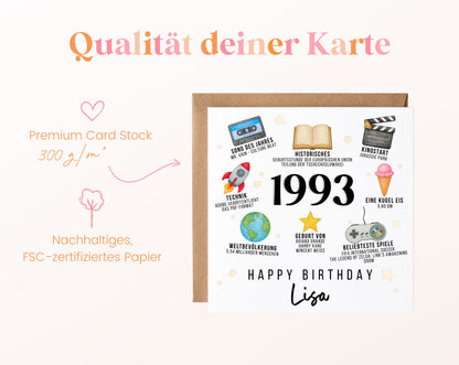 Personalisierte Geburtstagskarte Jahrgang 1993 – Zeitreise mit Musik und Film – Kartenpapier 300 g/m²