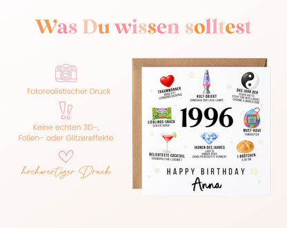Personalisierte Geburtstagskarte Jahrgang 1996 – Nostalgie für Frauen – Informationen zur Karte