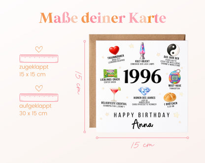Personalisierte Geburtstagskarte Jahrgang 1996 – Nostalgie für Frauen – Maße der Klappkarte