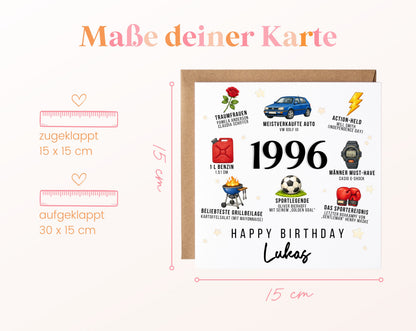 Personalisierte Geburtstagskarte Jahrgang 1996 – Nostalgie für Männer – Maße der Klappkarte