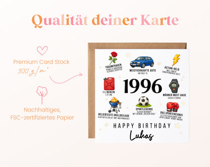 Personalisierte Geburtstagskarte Jahrgang 1996 – Nostalgie für Männer – Kartenpapier 300 g/m²