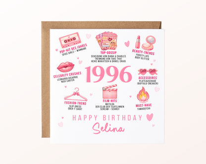Personalisierte Geburtstagskarte Jahrgang 1996 – rosa Beauty und Mode – Motiv mit Umschlag