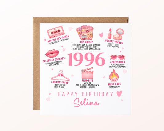 Personalisierte Geburtstagskarte Jahrgang 1996 – rosa Beauty und Mode – Motiv mit Umschlag