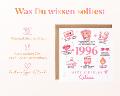 Personalisierte Geburtstagskarte Jahrgang 1996 – rosa Beauty und Mode – Informationen zur Karte