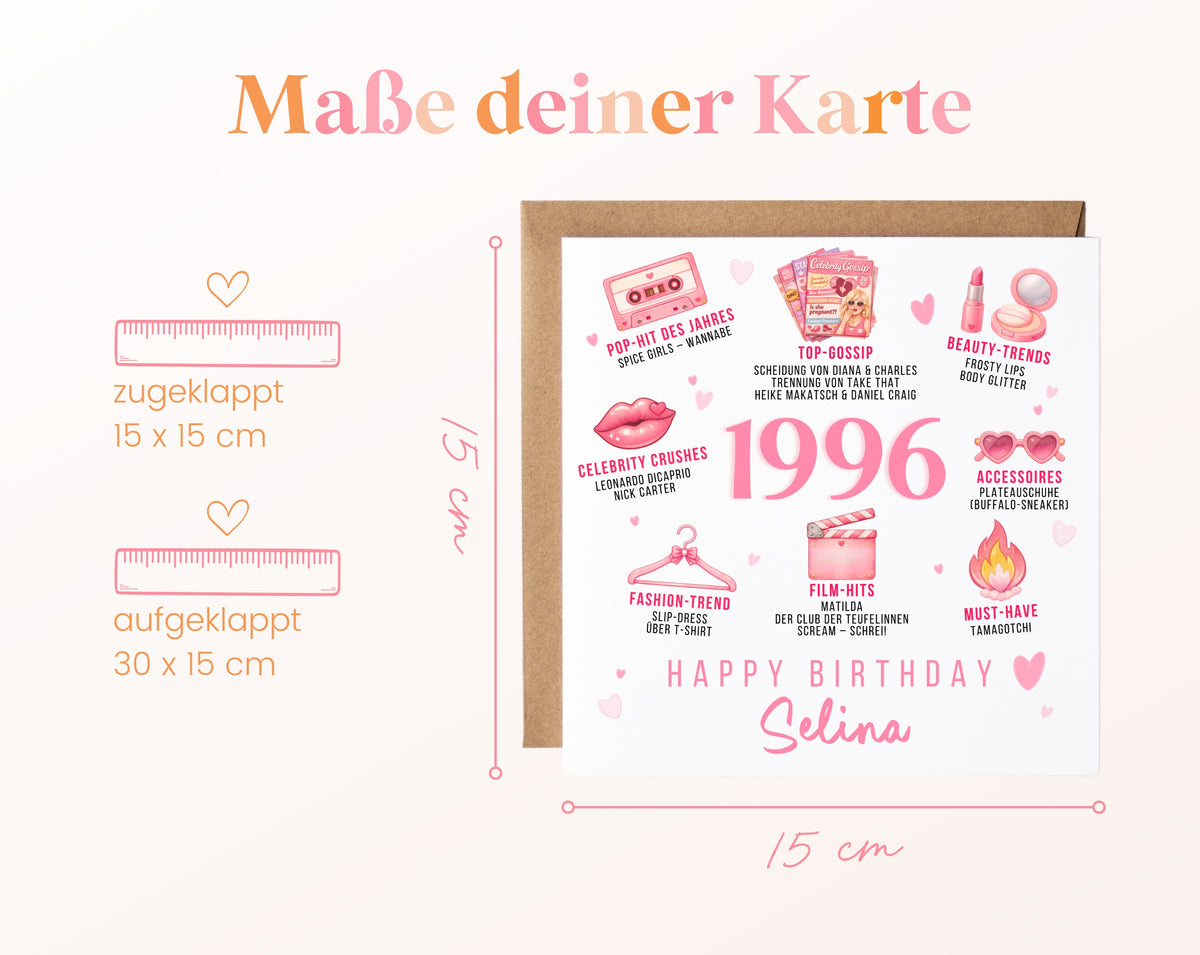 Personalisierte Geburtstagskarte Jahrgang 1996 – rosa Beauty und Mode – Maße der Klappkarte