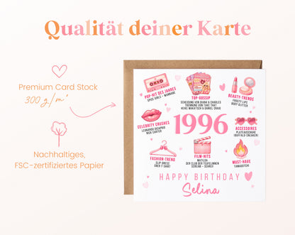 Personalisierte Geburtstagskarte Jahrgang 1996 – rosa Beauty und Mode – Kartenpapier 300 g/m²