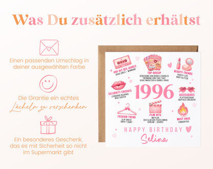 Personalisierte Geburtstagskarte Jahrgang 1996 – rosa Beauty und Mode – Umschlag zur Karte