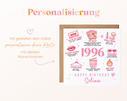 Personalisierte Geburtstagskarte Jahrgang 1996 – rosa Beauty und Mode – Personalisierung mit Wunschname