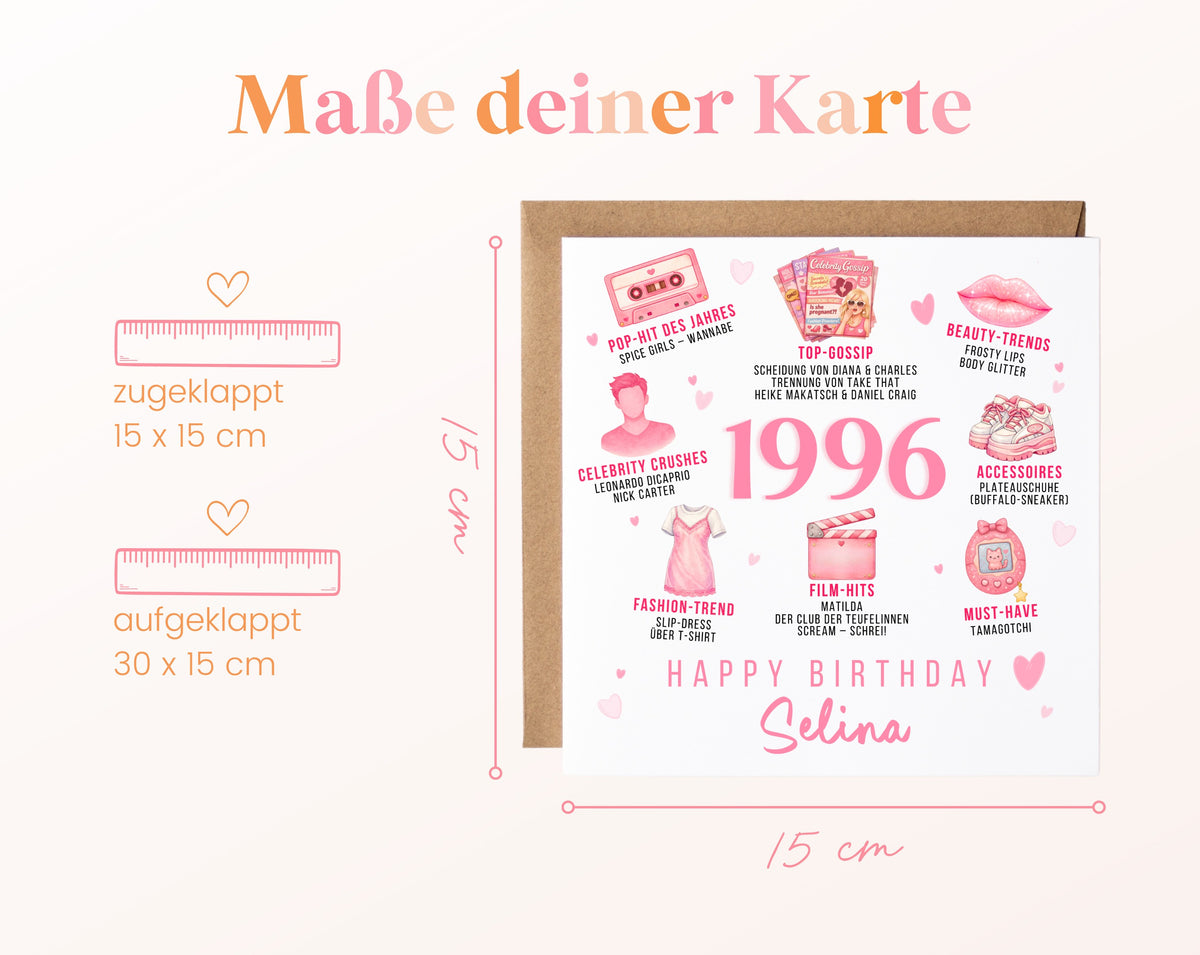 Personalisierte Geburtstagskarte Jahrgang 1996 – rosa Popkultur – Maße der Klappkarte