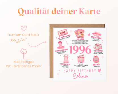 Personalisierte Geburtstagskarte Jahrgang 1996 – rosa Popkultur – Kartenpapier 300 g/m²