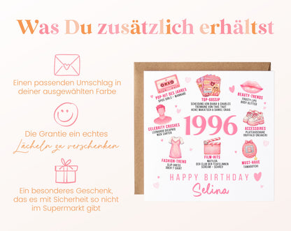 Personalisierte Geburtstagskarte Jahrgang 1996 – rosa Popkultur – Umschlag zur Karte