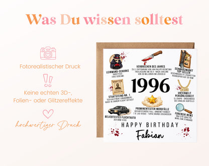 Personalisierte Geburtstagskarte Jahrgang 1996 – True Crime – Informationen zur Karte