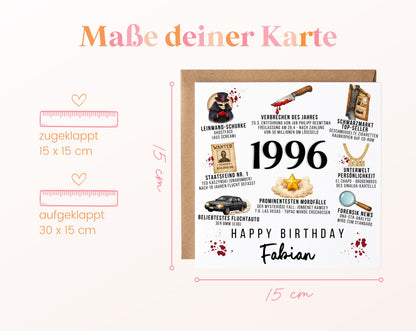 Personalisierte Geburtstagskarte Jahrgang 1996 – True Crime – Maße der Klappkarte