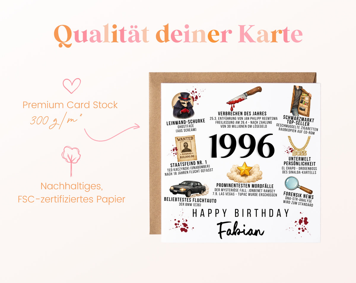 Personalisierte Geburtstagskarte Jahrgang 1996 – True Crime – Kartenpapier 300 g/m²