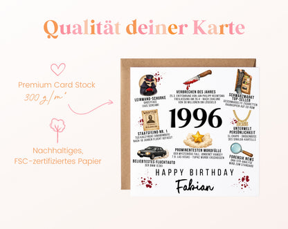 Personalisierte Geburtstagskarte Jahrgang 1996 – True Crime – Kartenpapier 300 g/m²