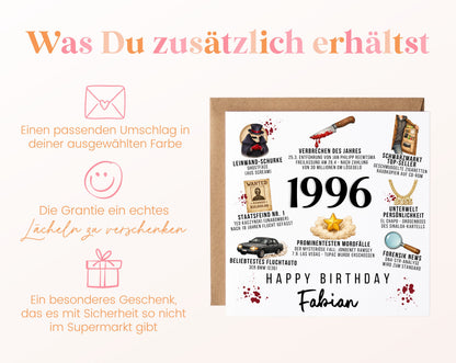 Personalisierte Geburtstagskarte Jahrgang 1996 – True Crime – Umschlag zur Karte