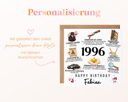 Personalisierte Geburtstagskarte Jahrgang 1996 – True Crime – Personalisierung mit Wunschname