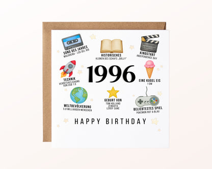 Personalisierte Geburtstagskarte Jahrgang 1996 – Zeitreise mit Musik und Film – Motiv mit Umschlag