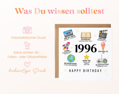 Personalisierte Geburtstagskarte Jahrgang 1996 – Zeitreise mit Musik und Film – Informationen zur Karte