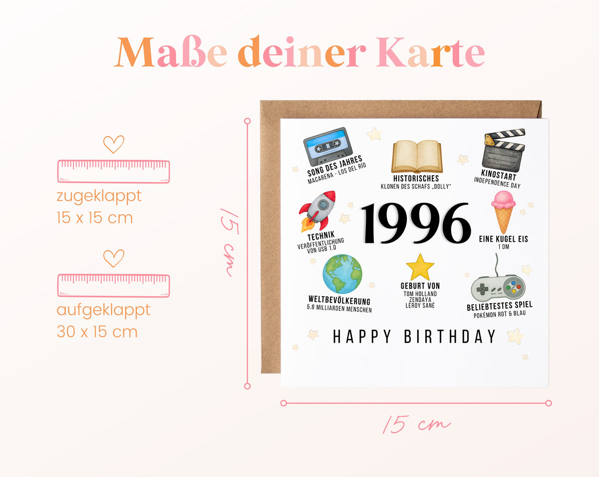 Personalisierte Geburtstagskarte Jahrgang 1996 – Zeitreise mit Musik und Film – Maße der Klappkarte