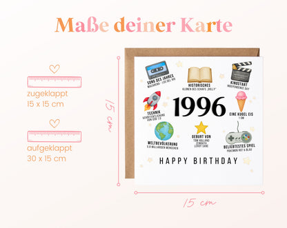 Personalisierte Geburtstagskarte Jahrgang 1996 – Zeitreise mit Musik und Film – Maße der Klappkarte