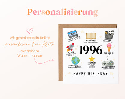 Personalisierte Geburtstagskarte Jahrgang 1996 – Zeitreise mit Musik und Film – Personalisierung mit Wunschname