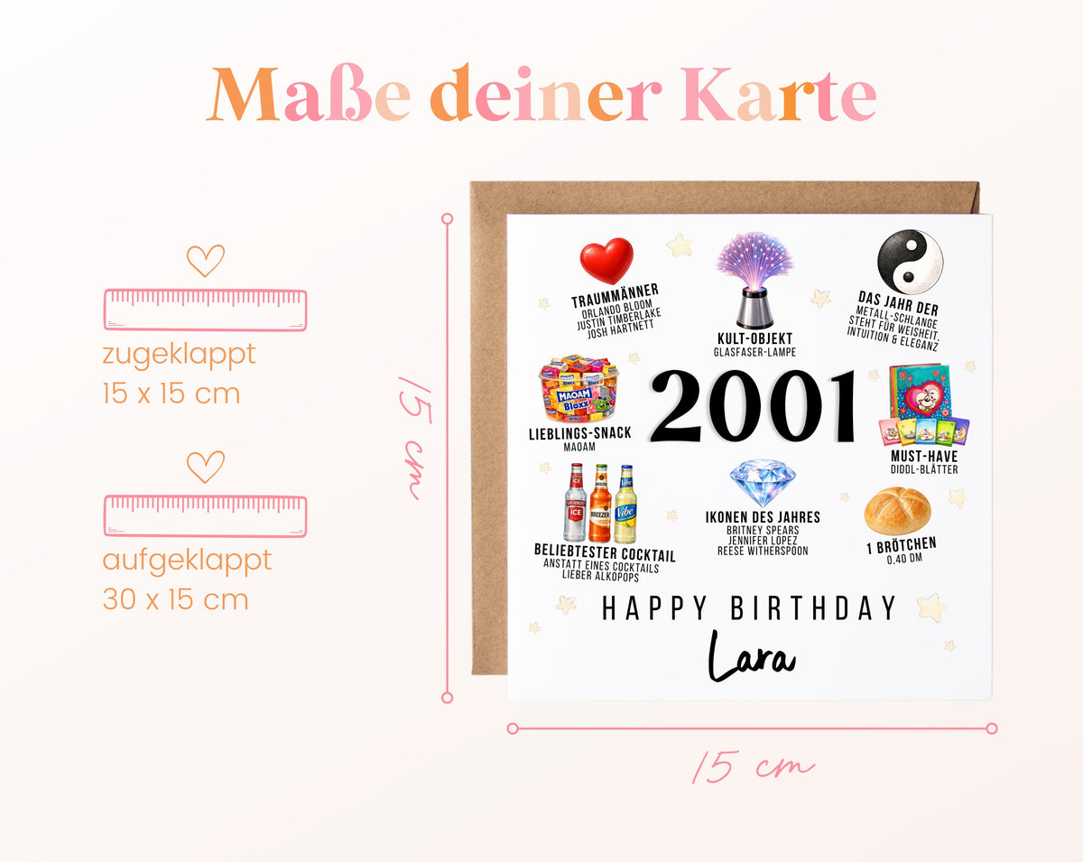 Personalisierte Geburtstagskarte Jahrgang 2001 – Nostalgie für Frauen – Maße der Klappkarte