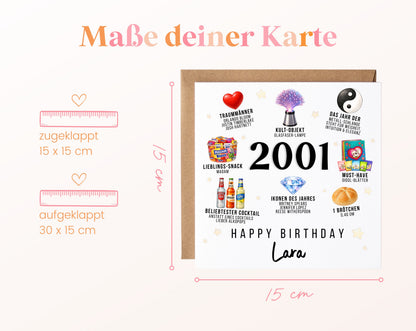 Personalisierte Geburtstagskarte Jahrgang 2001 – Nostalgie für Frauen – Maße der Klappkarte