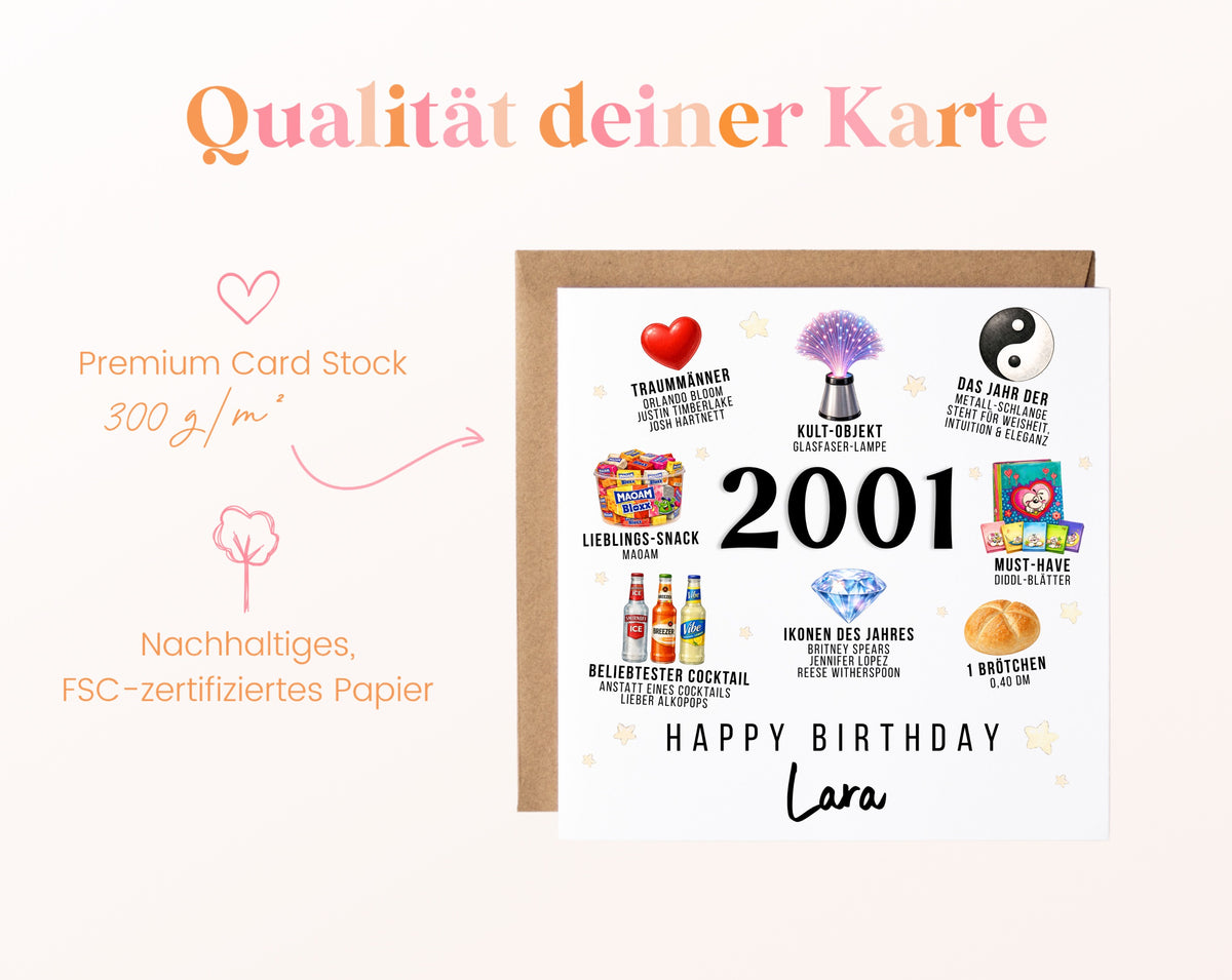 Personalisierte Geburtstagskarte Jahrgang 2001 – Nostalgie für Frauen – Kartenpapier 300 g/m²