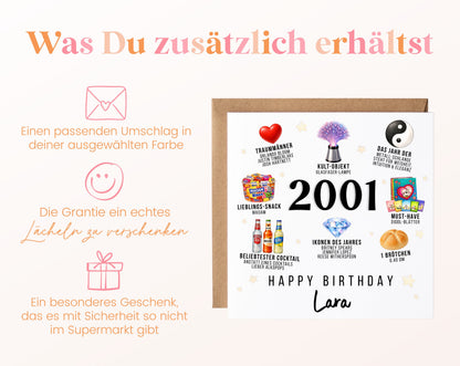 Personalisierte Geburtstagskarte Jahrgang 2001 – Nostalgie für Frauen – Umschlag zur Karte