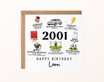 Personalisierte Geburtstagskarte Jahrgang 2001 – Nostalgie für Männer – Motiv mit Umschlag