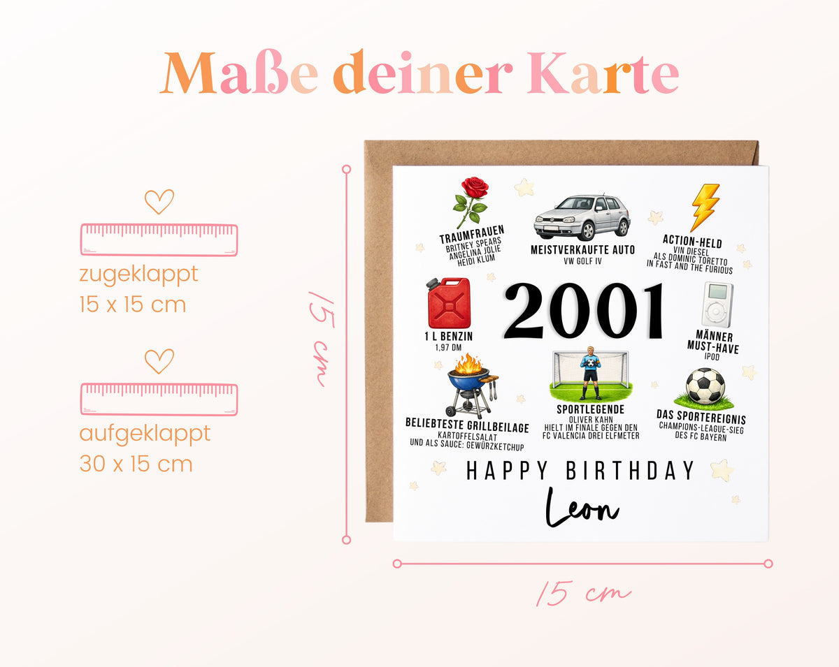Personalisierte Geburtstagskarte Jahrgang 2001 – Nostalgie für Männer – Maße der Klappkarte
