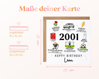 Personalisierte Geburtstagskarte Jahrgang 2001 – Nostalgie für Männer – Maße der Klappkarte